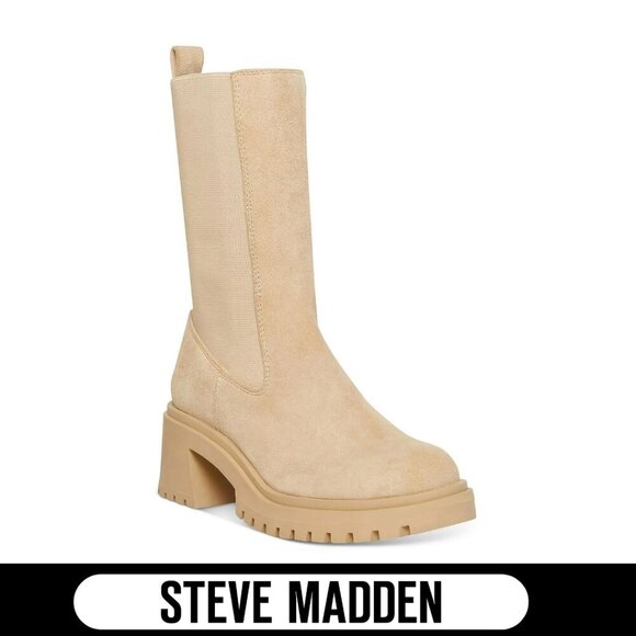 STEVE MADDEN Beige Hesitant Round Toe Block Heel Genuine Leather Chelsea - Picture 1 of 10